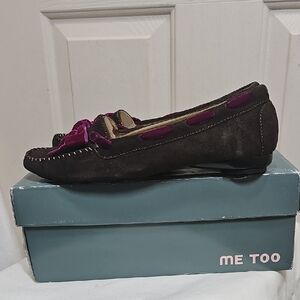 me too Brown Suede Loafers with Plum Trim